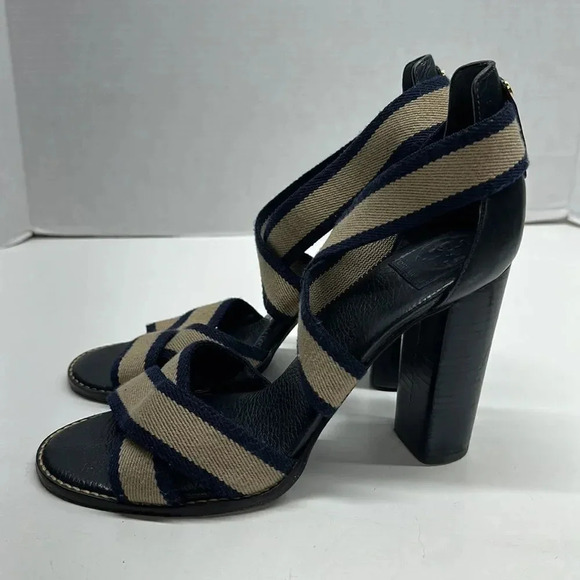 Tory Burch Laurie Criss Cross Elastic Strap Chunky Stacked High Heel Shoe 10 - Picture 3 of 10